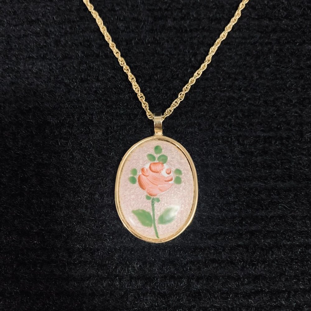 Merlite Handpainted Rose Oval Pendant And Chain M Tag